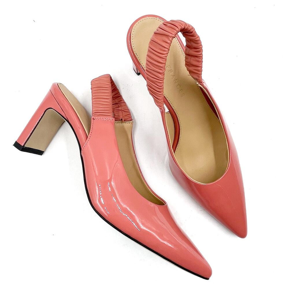 Dear Frances Slingback Pumps Peachy Pink Patent Pointed Toe Block Heel 36 / 6